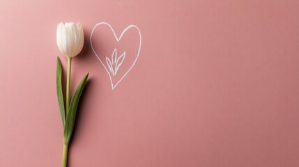 Elegant White Tulip with Green Leaves and White Heart on Pink Surface