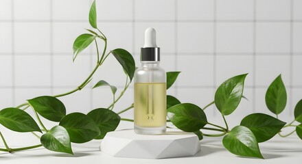A glass dropper bottle with golden liquid sits amongst lush green foliage