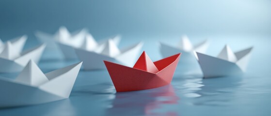 A striking image of a single red paper boat surrounded by white paper boats on calm water, symbolizing uniqueness and creativity.