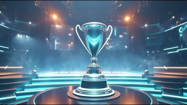 A trophy on a circular stage with blue neon lights and spotlights shining down