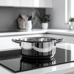 Stainless steel pot steaming on a modern stovetop in a bright kitchen