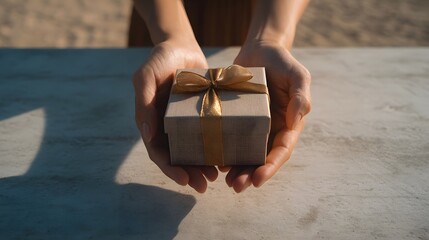 Two hands gently hold and offer a small elegantly wrapped gift box tied with a golden ribbon