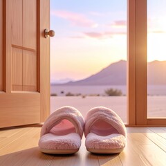 Plush pink slippers sit near open door, desert landscape in the view