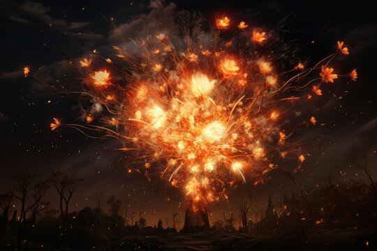 Tree transforming into a vibrant explosion of glowing orange flowers and fire