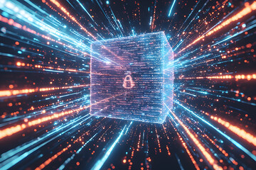 Futuristic Encrypted Data Cube with Glowing Security Lock and Digital Light Trails