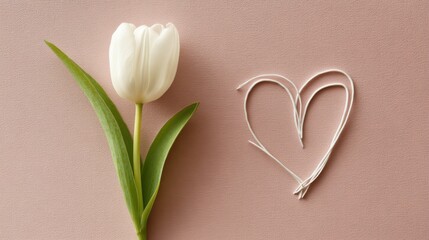 Minimalist White Tulip and Delicate String Heart on Soft Pink Background