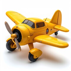 Bright yellow vintage airplane toy on white background, high angle