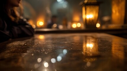 Warm bokeh lights and reflections on a wet table in a cozy dimly lit interior