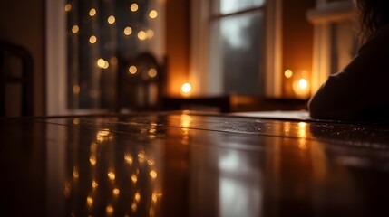 Warm reflections on a polished table in a cozy room with soft ambient light and a person in thought
