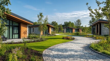 Fototapeta premium Modern cabins nestled among lush greenery. A serene pathway leads through well-maintained gardens. Perfect for a peaceful retreat or vacation. Generative AI