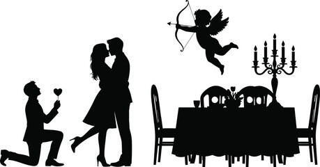Romantic couple silhouette proposal and kiss, cupid love arrow, candle dinner scene, valentine relationship concept isolated on white background