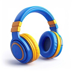 Over-ear headphones, blue and yellow, isolated on white, studio shot