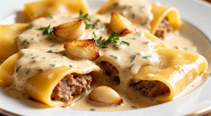 Delicious pasta stuffed with meat and creame sauce with garlic and herbs