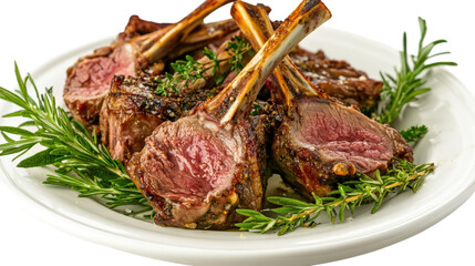 A plate of lamb chops with herbs on top, isolated on a transparent background