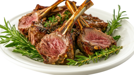 A plate of lamb chops with herbs on top, isolated on a transparent background