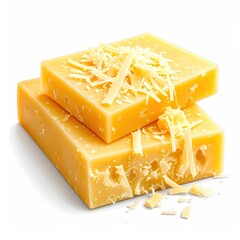 Two bright yellow cheese blocks, with shavings on top, sit stacked