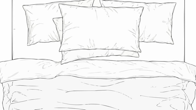 Hand drawn sketch of a neatly made bed with pillows and duvet.