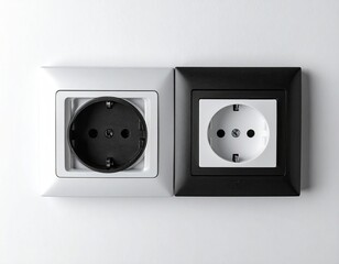 Two electrical sockets, one white and one black, against a plain white backdrop