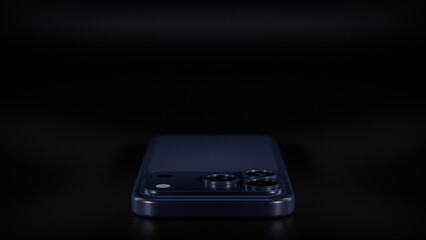 Fototapeta premium 3D render of dark blue smartphone with triple camera and matte finish. Ideal for tech mockups, product display, mobile UI, and modern device visualization in digital design projects.