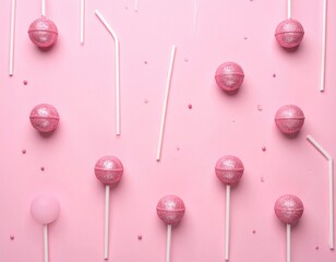 Pink lollipops, straws, and sprinkles on a smooth pink background