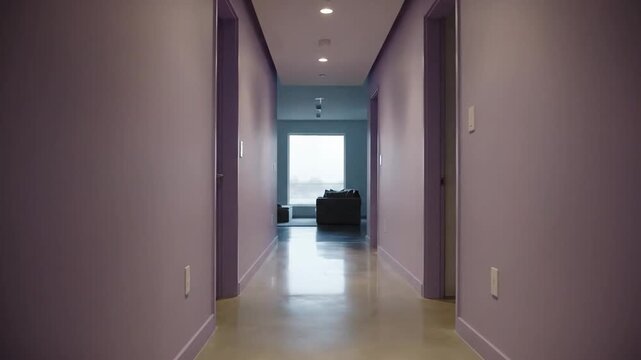 Dark long interior hallway with bright light, modern architecture, indoors, and corridor of home.