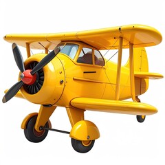 Bright yellow vintage biplane, isolated on white background