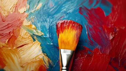 A paintbrush lies on a vibrant and colorful abstract painting with bold strokes