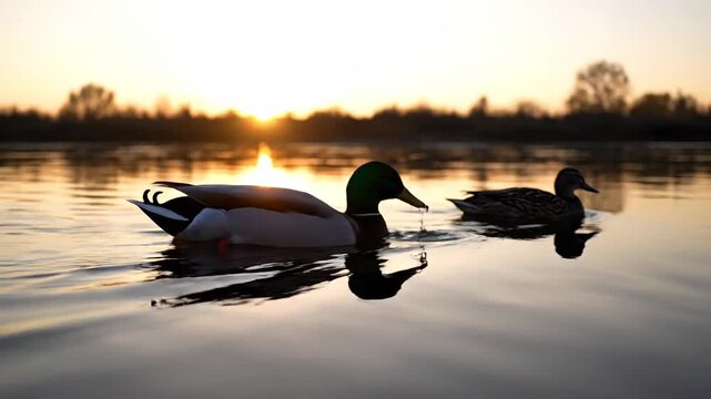 Two ducks swimming on a lake at golden sunset, water reflections. Nature scene with wild animals and orange sky.
