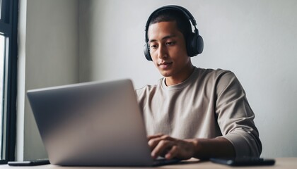 Young man wearing large headphones focuses intently while typing code or working on a laptop computer at a bright desk.