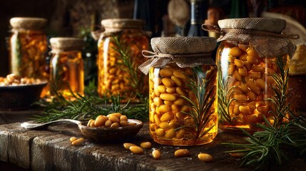 Glass jars filled with pine nuts preserved in golden honey, arranged with fresh rosemary sprigs on a rustic wooden surface, warm cozy lighting, gourmet kitchen setting