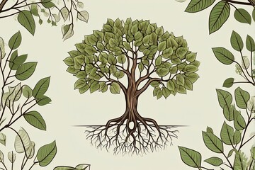 Green Tree with Leaves and Roots Vector
