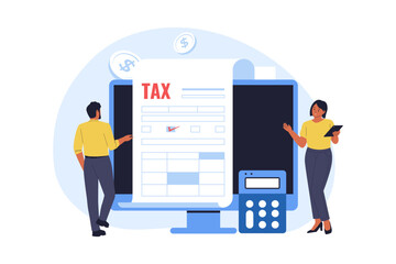 Illustration of People Using Computer for Online Digital Tax Filing Service. Two professionals standing by a large computer monitor displaying a tax form, process of online digital tax filing 