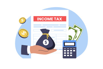 Illustration of Hand Holding Money Bag for Income Tax and Calculator. A hand presenting a money bag in front of an income tax document with gold coins and a calculator
