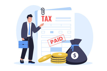 Illustration of Businessman with Money Bag and Paid Tax Document. A businessman standing next to a large tax document with a "PAID" stamp and a bag of money, representing successful tax payment.