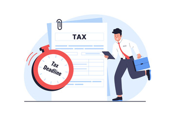 Illustration of Businessman Running with Briefcase to Meet Urgent Tax Deadline. A businessman running quickly past a giant alarm clock labeled "Tax Deadline".