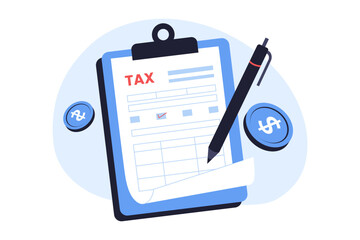 Illustration of Business Tax Form Document on Clipboard with Pen and Coins. A professional illustration of a tax form document on a blue clipboard with a pen and gold coins