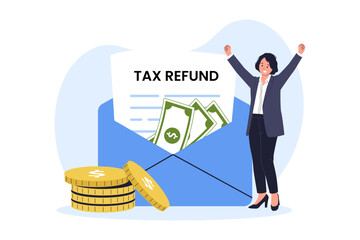 Illustration of Happy Businesswoman Celebrating Receiving Tax Refund Money Envelope. A joyful businesswoman raising her arms in celebration as she receives an envelope full of cash and gold coins
