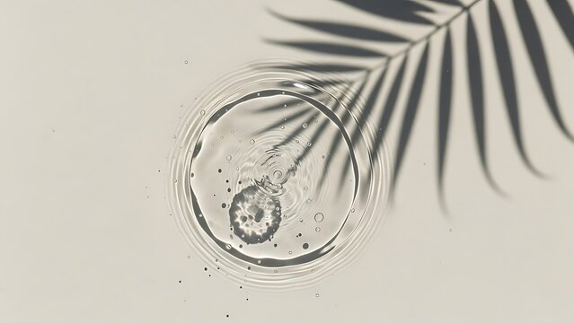 Clear water droplet splash with shadow of palm leaves on white surface, minimalistic nature concept, top-down view, natural light