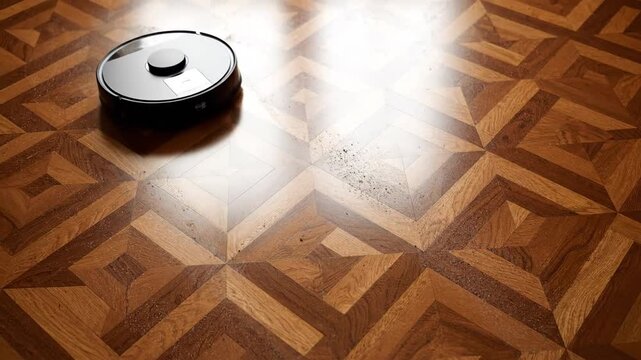 Robot vacuum cleaner on parquet floor, cleaning home with technology and appliance.