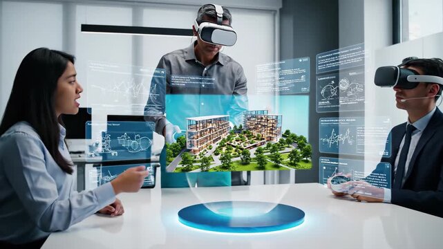 Business professionals using vr headsets to interact with a holographic architectural model of buildings and landscape in a modern office setting, 4k