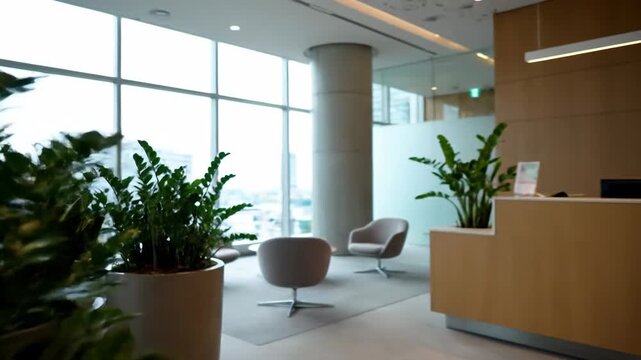 Modern office lobby interior with potted plants, architecture, green plants, indoor space, and architectural details.