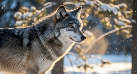Obraz premium Majestic gray wolf portrait showcasing thick winter fur illuminated by soft golden sunlight during a gentle snowfall in a frosty forest setting