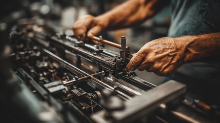 A close-up of hands skillfully operating machinery, showcasing precision and craftsmanship in a workshop environment.