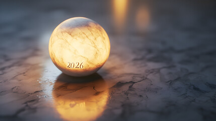 A glowing crystal ball with the year 2026 inscribed on it sits on a reflective surface