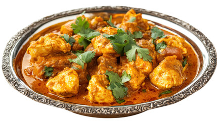 A plate of chicken curry with green herbs on top, isolated on a transparent background