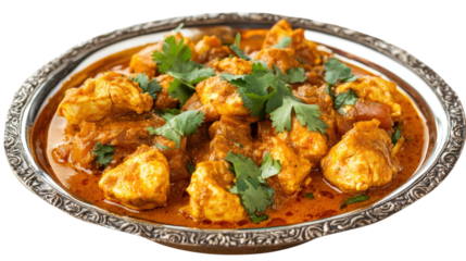 A plate of chicken curry with green herbs on top, isolated on a transparent background