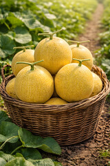 Hydroponic melon in a basket