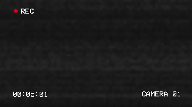Recording camera CCTV screen noise effect overlay with timer on black background. 4K