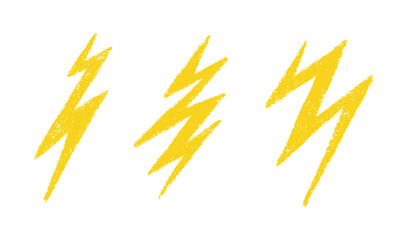 Doodle crayon lightning symbols set. Hand drawn chalk lightning icon with grunge texture. Graphic element. Crayon doodle yellow thunder. Vector pencil illustration isolated on white background.