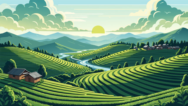 Vibrant vector illustration of rolling green tea plantations under a bright sun, showcasing rural charm and picturesque landscape with a winding river and distant villages